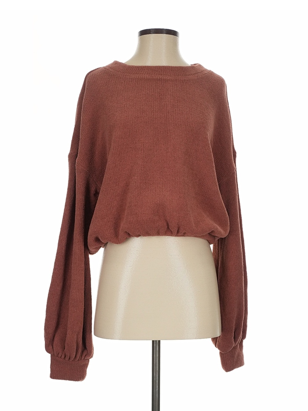 Cropped Balloon-Sleeve Crewneck Sweater - Rust